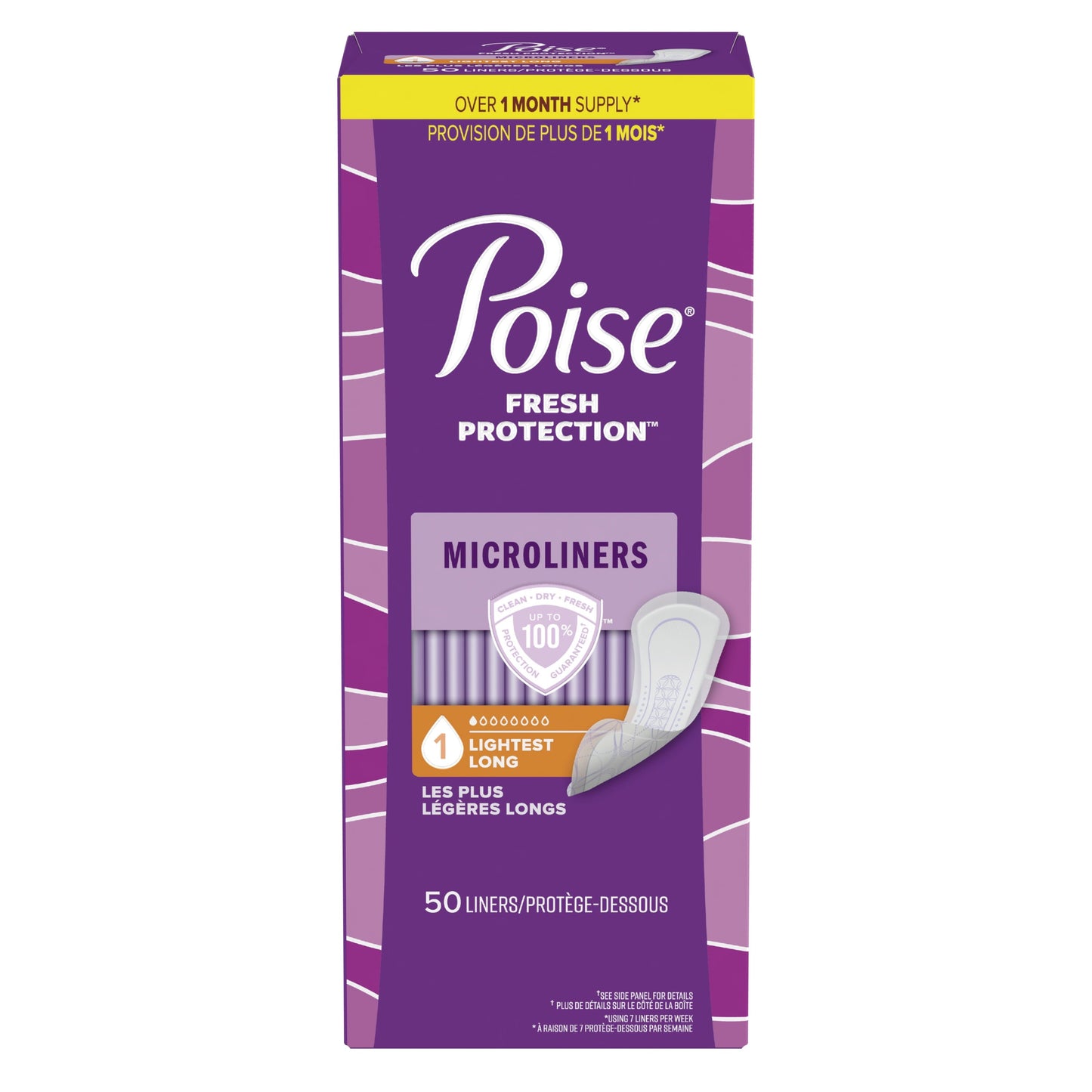 Poise Daily Microliners, Incontinence Panty Liners, 1 Drop, Lightest Absorbency, Long, 50Ct