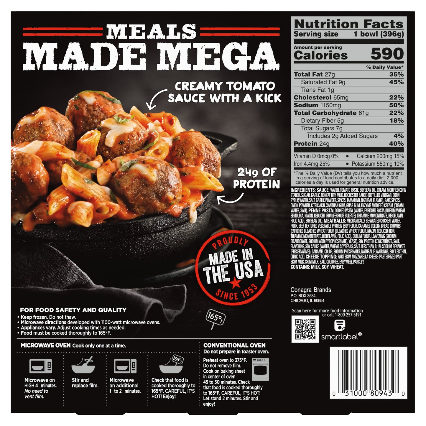 Banquet Mega Bowls Dynamite Penne & Meatballs Frozen Meal, 14 oz (Frozen)