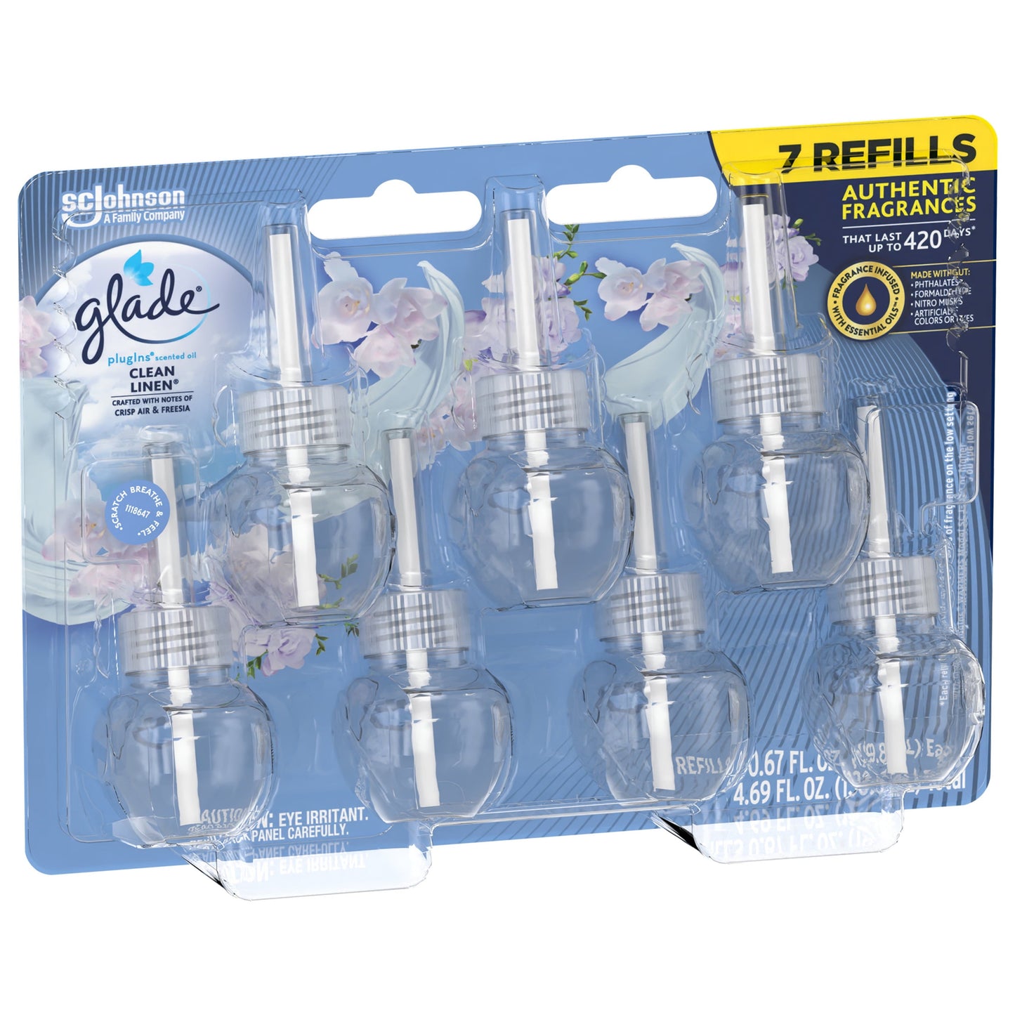 Glade PlugIns Scented Oil Refill Clean Linen, Essential Oil Infused Wall Plug In, 4.69 fl oz, Pack of 7