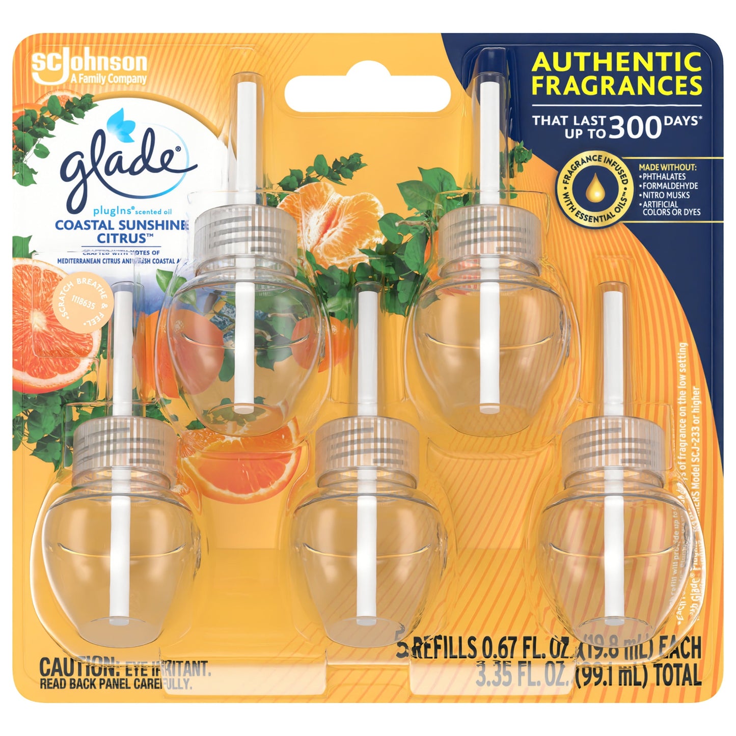 Glade PlugIns Scented Oil Warmer Refills, Glade Plug in refills, Air Freshener, Coastal Sunshine Citrus™, 5 x 0.67 oz