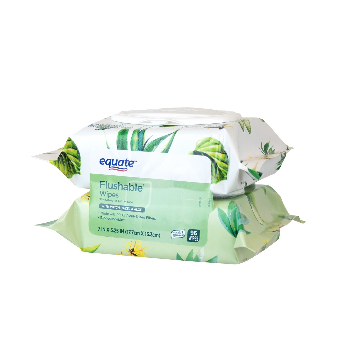 Equate Witch Hazel and Aloe Scent Flushable Wipes, 2 Flip-Top Packs (96 Total Wipes)