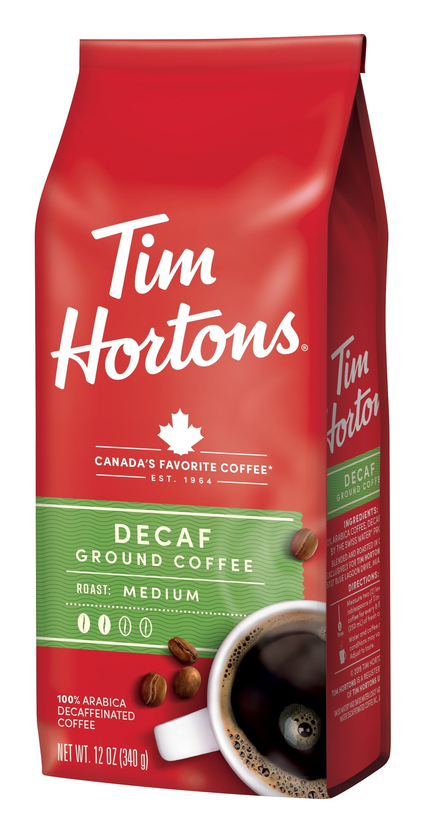 Tim Hortons Decaf Ground Coffee, 100% Arabica Medium Roast, Naturally Decaffeinated, 12 oz