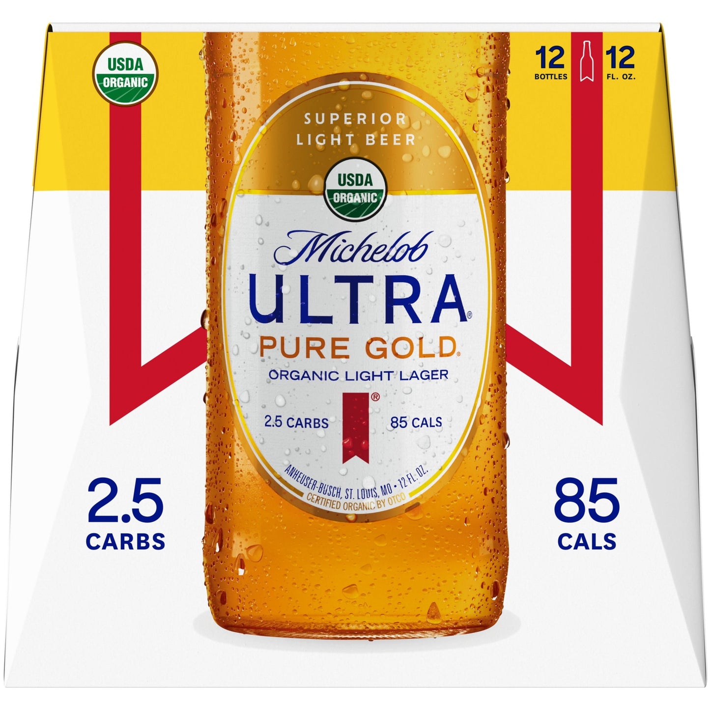 Michelob Ultra Pure Gold Organic Light Lager, 12 Pack Beer, 12 fl oz Bottles, 3.8 % ABV, Domestic