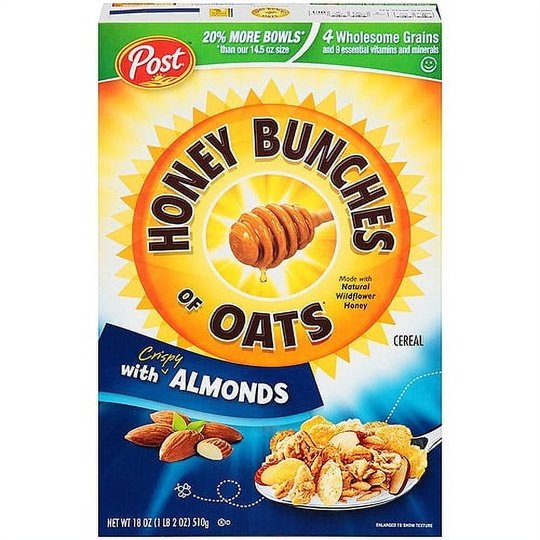 Post Honey Bunches of Oats with Almonds Breakfast Cereal, Family Size Cereal, 18 oz Box