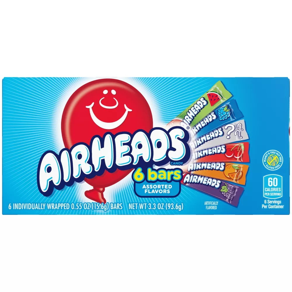 Airheads Chewy Candy Bars Movie Theater Box, Assorted Flavors, 3.3 oz, 6 Ct