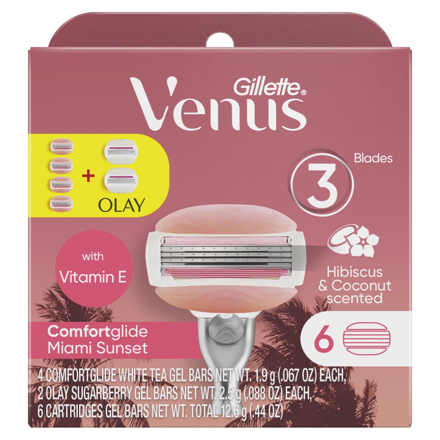 Venus Miami ComfortGlide Sunset 4 Count and ComfortGlide Plus Olay 2 Count, 6 Total Women’s Razor Blade Refills