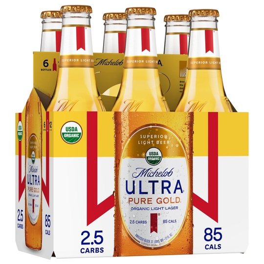 Michelob Ultra Pure Gold Organic Light Lager Beer, 6 Pack, 12 fl oz Bottles, 3.8% ABV, Domestic