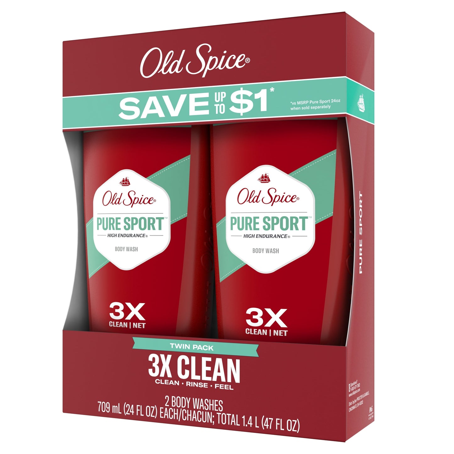 Old Spice High Endurance Body Wash for Men, Pure Sport Scent, 24 fl oz, Pack of 2