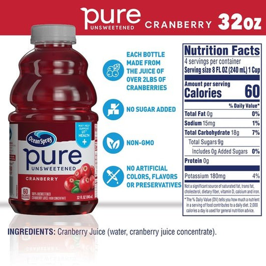 Ocean Spray Pure 100% Unsweetened Cranberry Juice, 32 fl oz