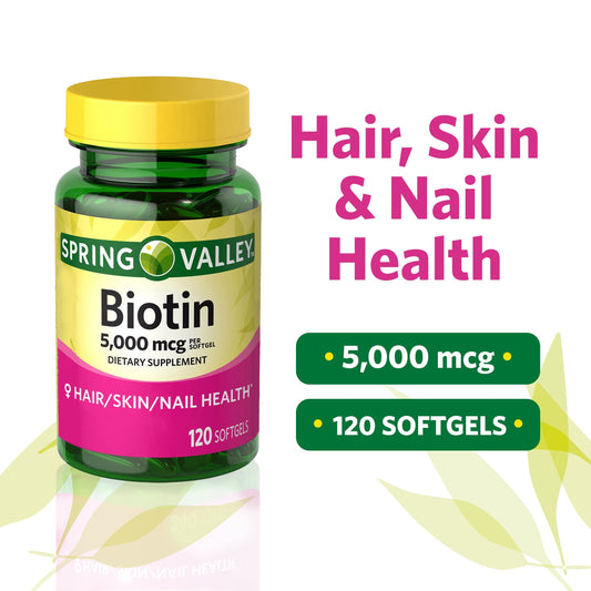Spring Valley Biotin Hair/Skin/Nails Health Dietary Supplement Softgels, 5,000 mcg, 120 Count