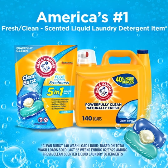 Arm & Hammer Clean Burst 5-in-1 Laundry Detergent Power Paks, High Efficieny (HE), 42 Count