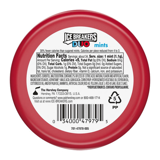 Ice Breakers Duo Fruit Plus Cool Cherry Sugar Free Mints, Tin 1.3 oz