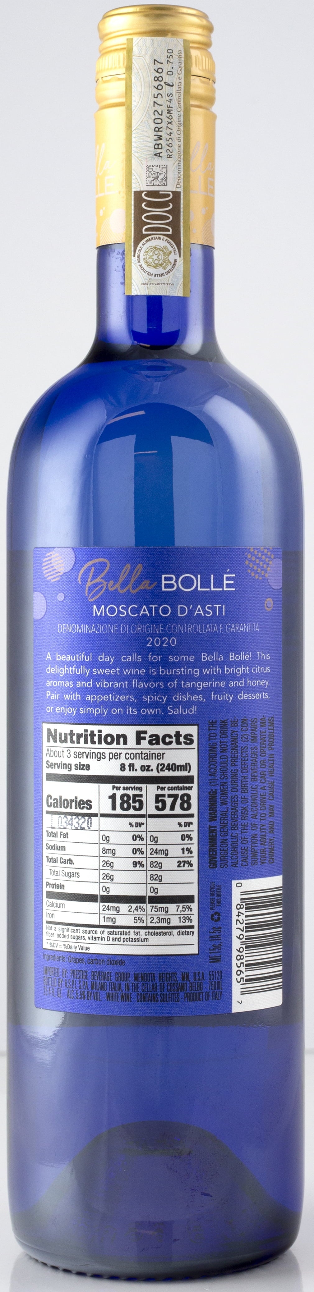 Bella Bolle Moscato Wine, d'Asti, Italy, 5.5% ABV, 750ml Glass Bottle, 3-240ml Servings