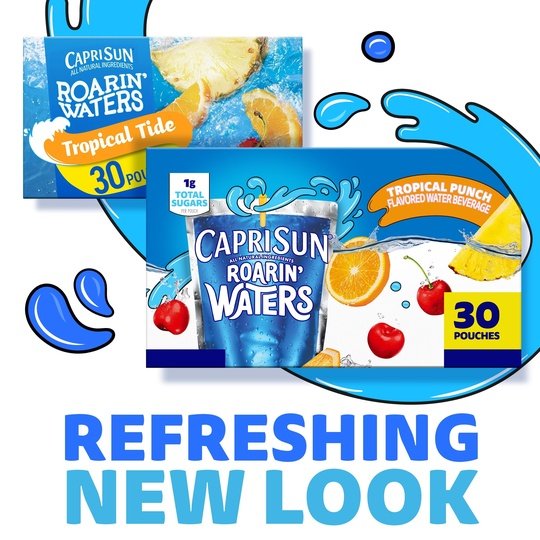 Capri Sun Roarin' Waters Tropical Tide Flavored Water Kids Drink Pouches, 30 Ct Box, 6 fl oz Pouches