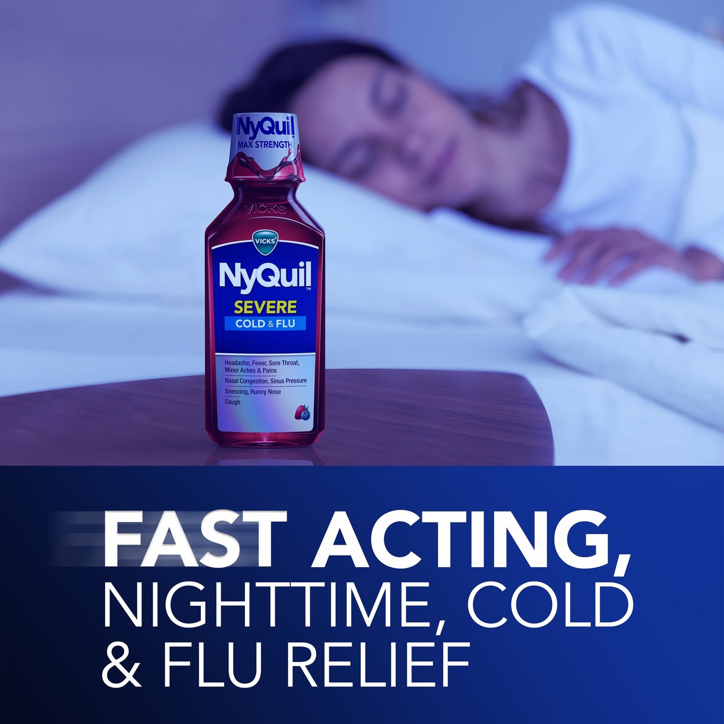 Vicks NyQuil Severe Cold & Flu Liquid, Nighttime Relief, over-the-Counter Medicine, Berry, 2x12 oz