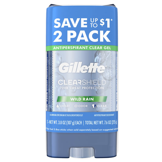 Gillette Antiperspirant Deodorant for Men, Clear Gel, Wild Rain, Twin Pack, 3.8 oz