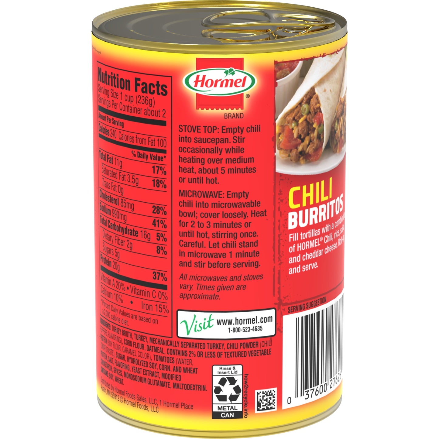 HORMEL Chili Turkey No Bean, No Artificial Ingredients, 15 oz Aluminum Can