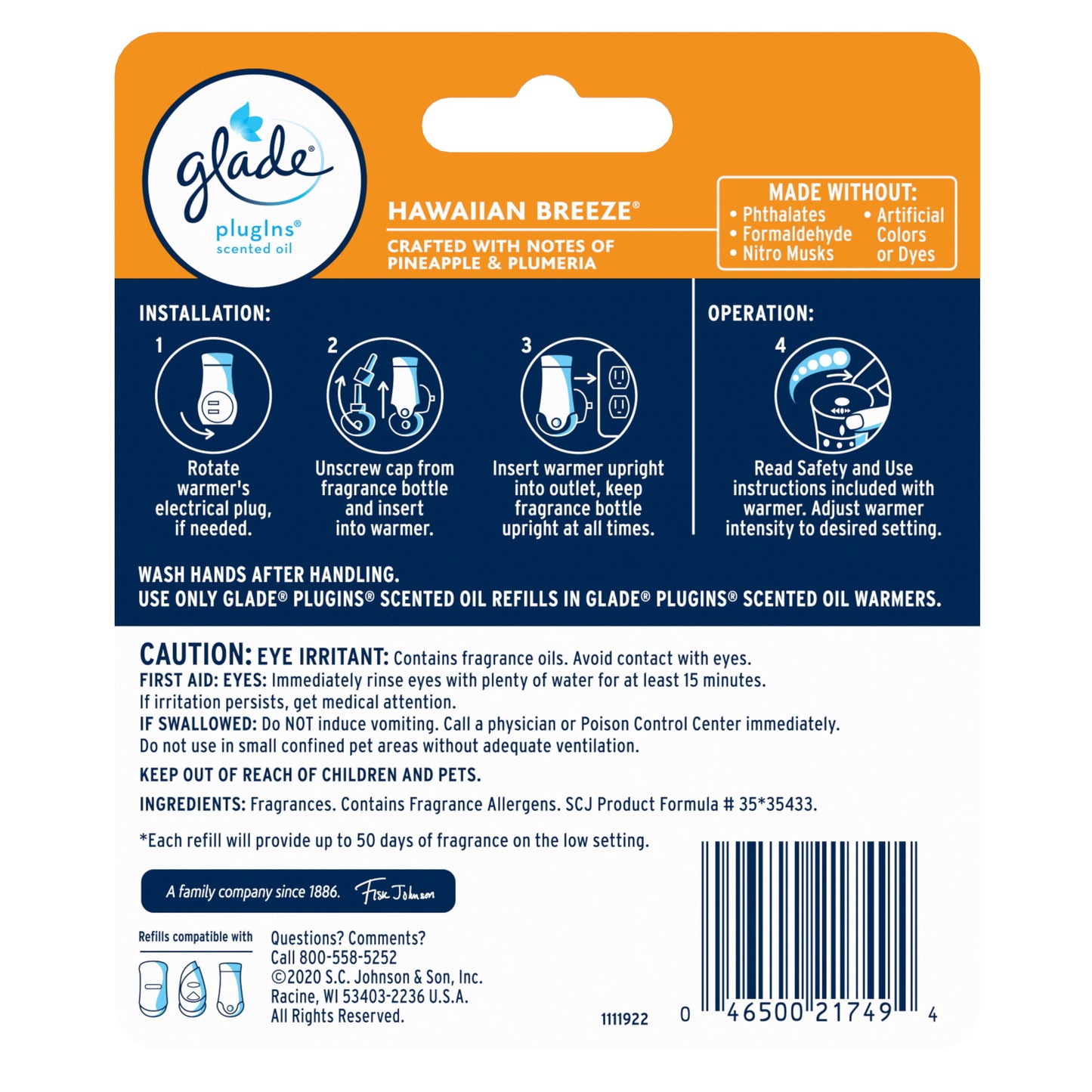 Glade PlugIns Refill 2 ct, Hawaiian Breeze, 1.34 FL. oz. Total, Scented Oil Air Freshener Infused with Essential Oils
