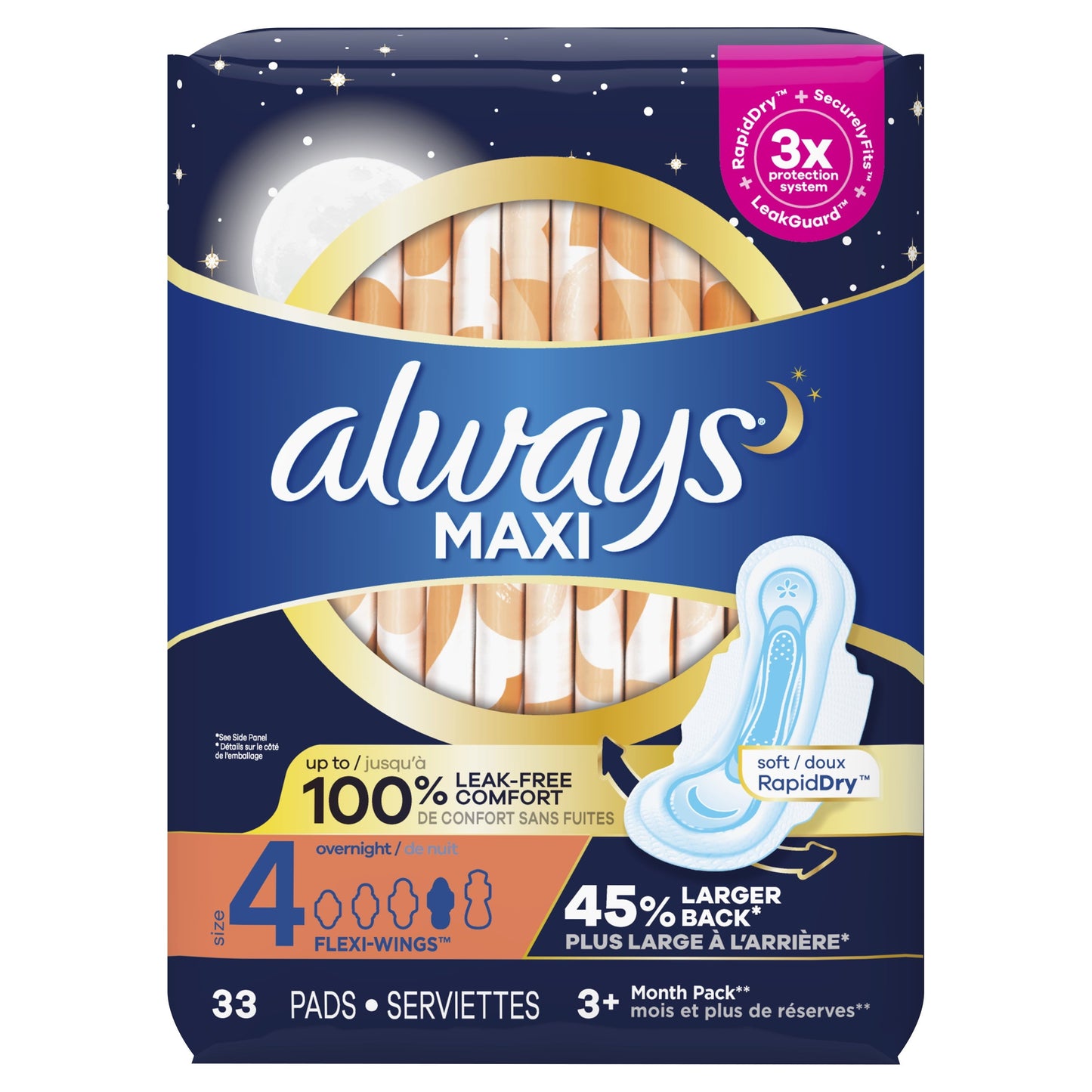 Always Maxi Overnight Pads with Wings, Size 4, Overnight Absorbency, 33 CT