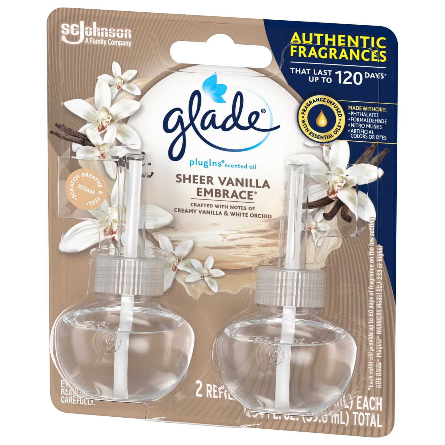 Glade PlugIns Refill 2 ct, Sheer Vanilla Embrace, 1.34 FL. oz. Total,  Scented Oil Air Freshener Infused with Essential Oils