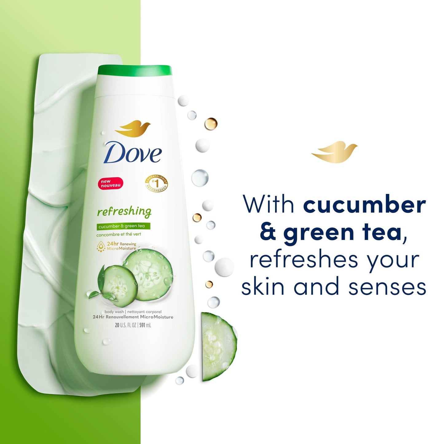 Dove Refreshing Long Lasting Gentle Body Wash Twin Pack, Cucumber and Green Tea, 20 fl oz