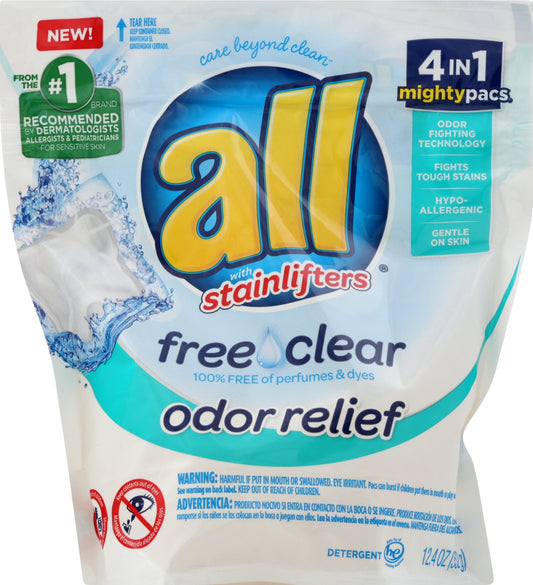 all Mighty Pacs Laundry Detergent, Free Clear Odor Relief, Pouch, 16 Count