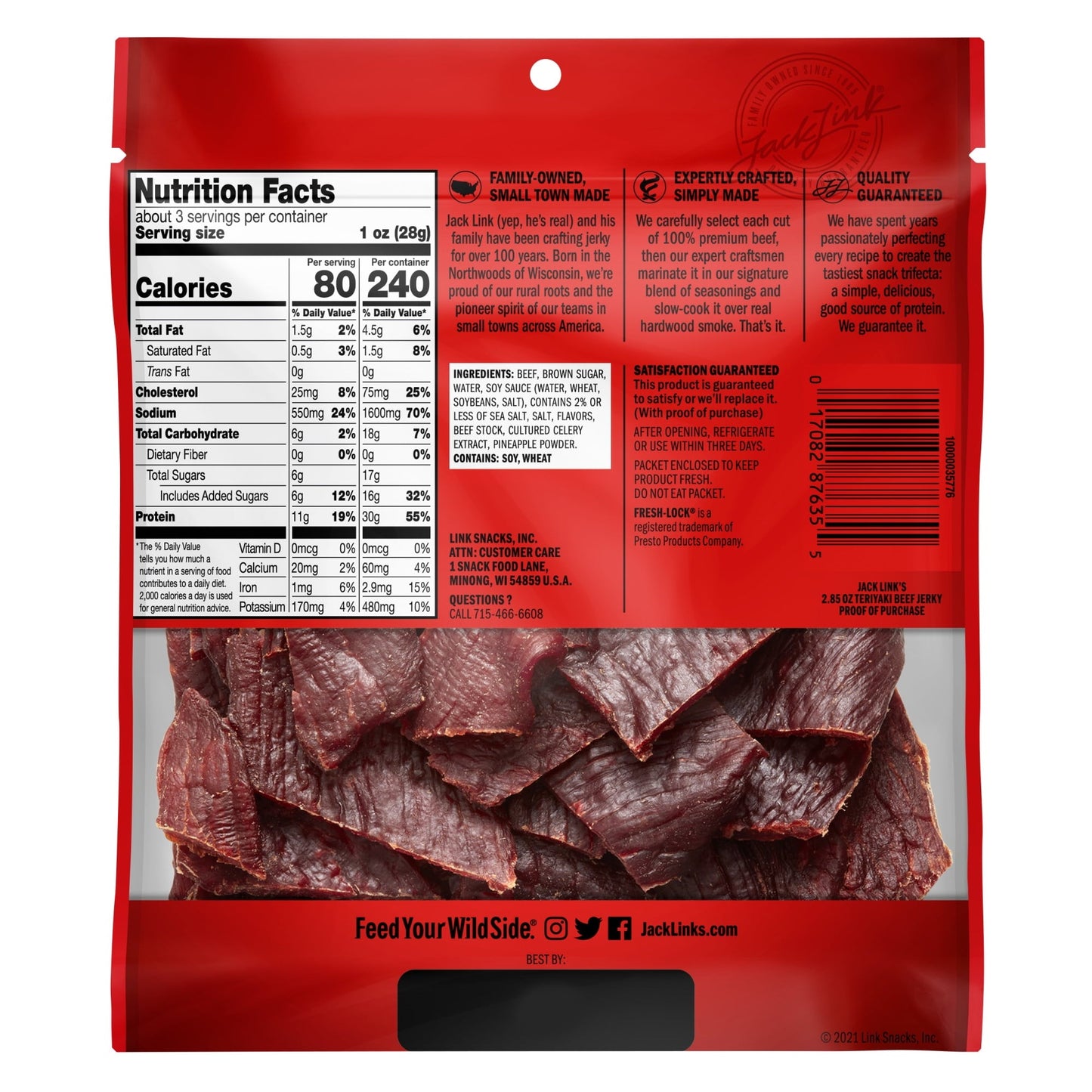 Jack Link’s Beef Jerky, Teriyaki, 100% Beef, 11g of Protein per Serving, 2.85 oz Bag