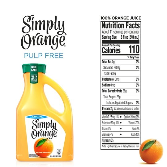 Simply Non GMO No Pulp Calcium Orange Juice, 89 fl oz Bottle