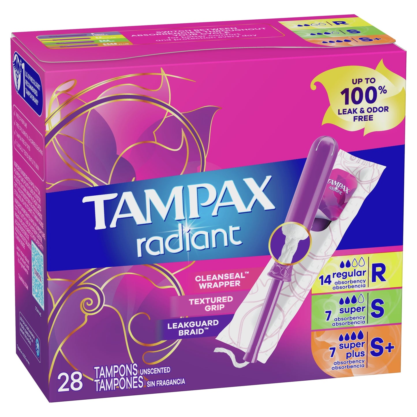 Tampax Radiant Tampons Trio Pack with LeakGuard Braid, Regular/Super/Super Plus Absorbency, 28 Count