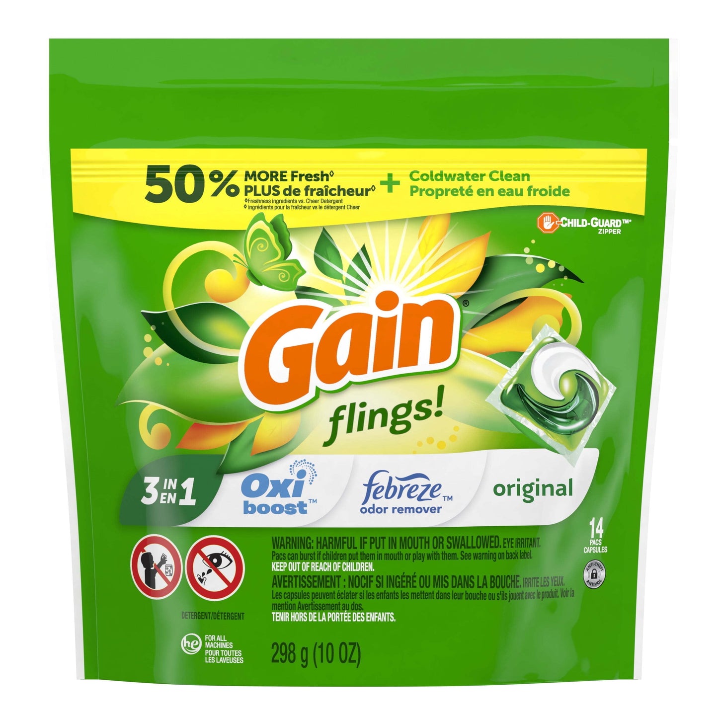 Gain Flings Laundry Detergent Soap Pods, Original Scent, 14 Ct