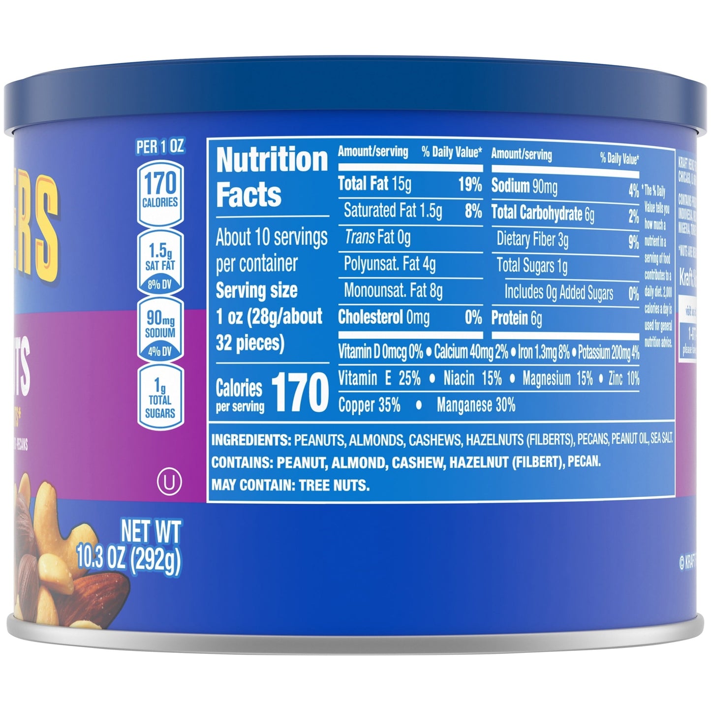 Planters Mixed Nuts Less Than 50% Peanuts with Peanuts, Almonds, Cashews, Hazelnuts & Pecans, 10.3 oz Canister