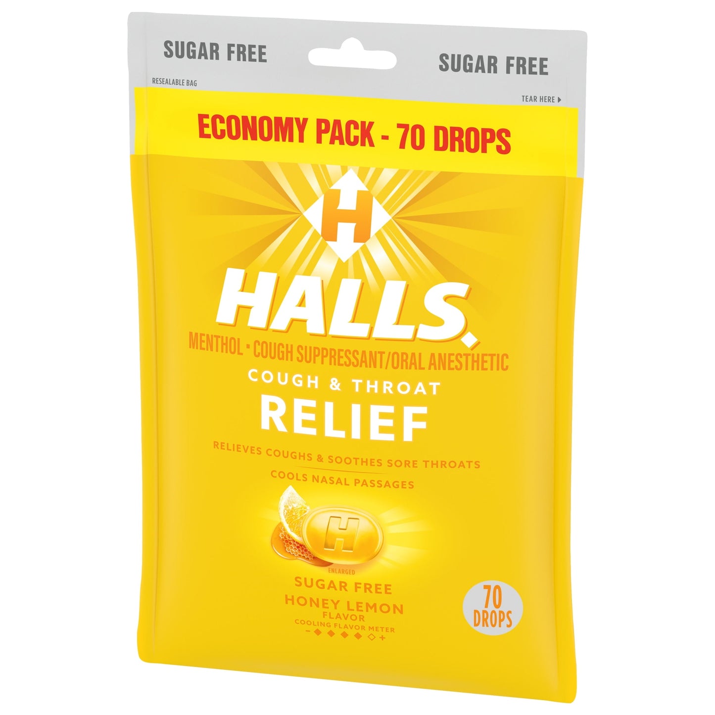 HALLS Relief Honey Lemon Sugar Free Cough Drops, Economy Pack, 70 Drops