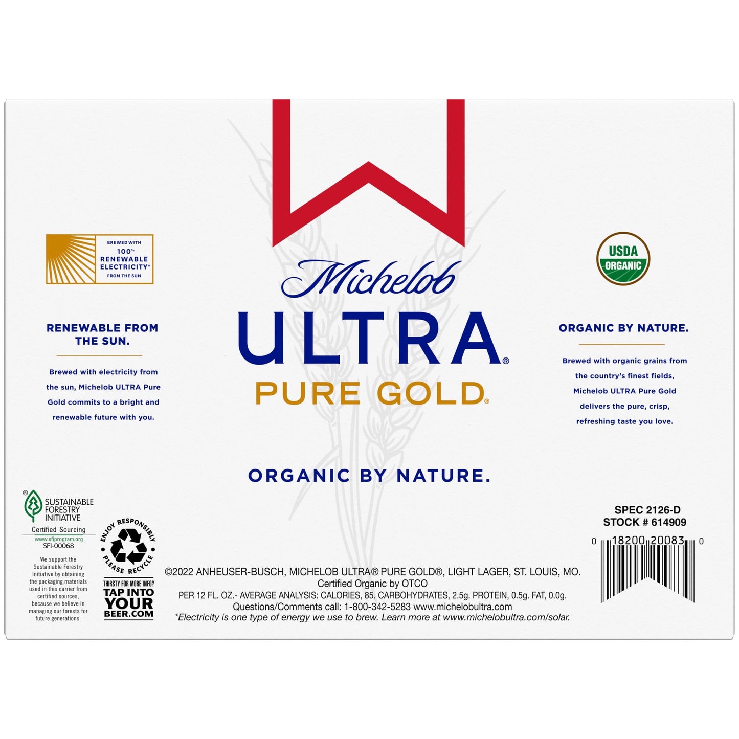 Michelob Ultra Pure Gold Organic Light Lager, 12 Pack Beer, 12 fl oz Bottles, 3.8 % ABV, Domestic