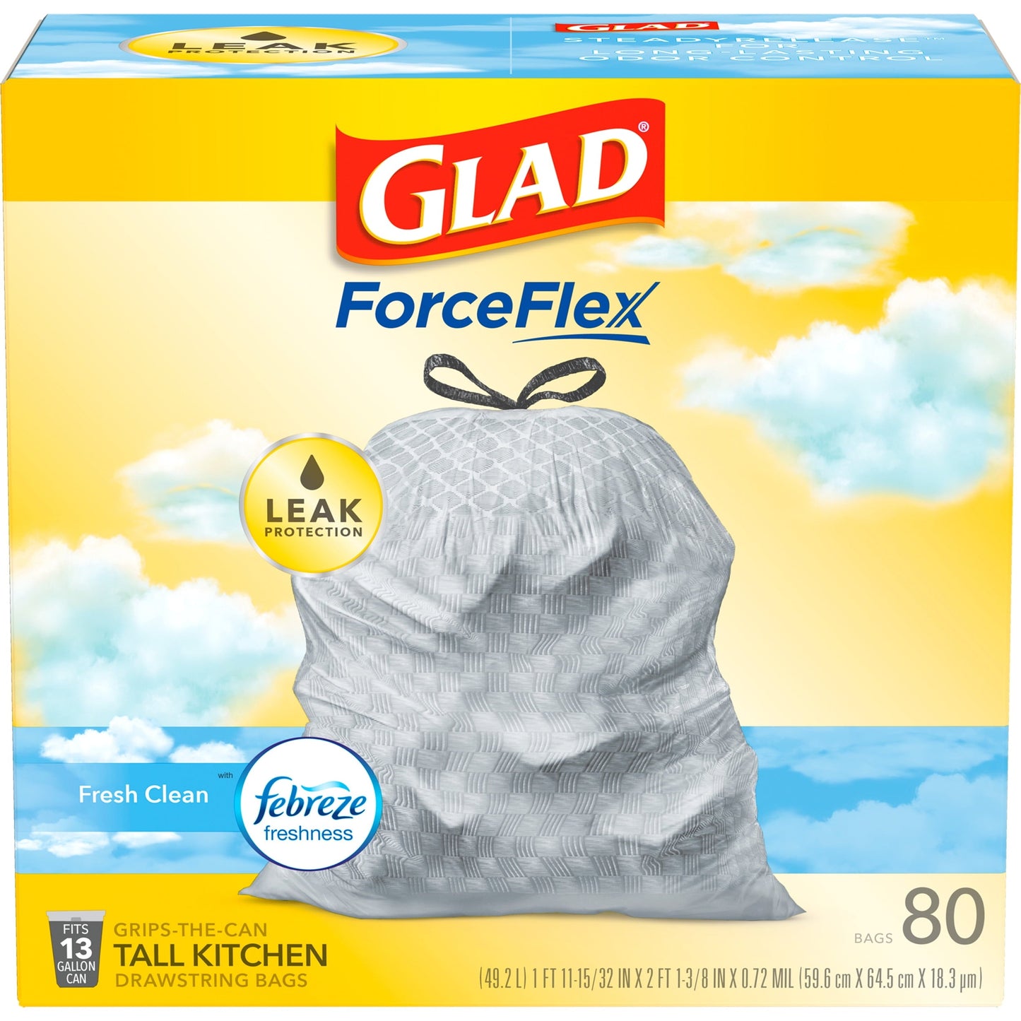 Glad 13 Gallon Tall Kitchen Trash Bags, OdorShield, Fresh Clean, 80 Bags