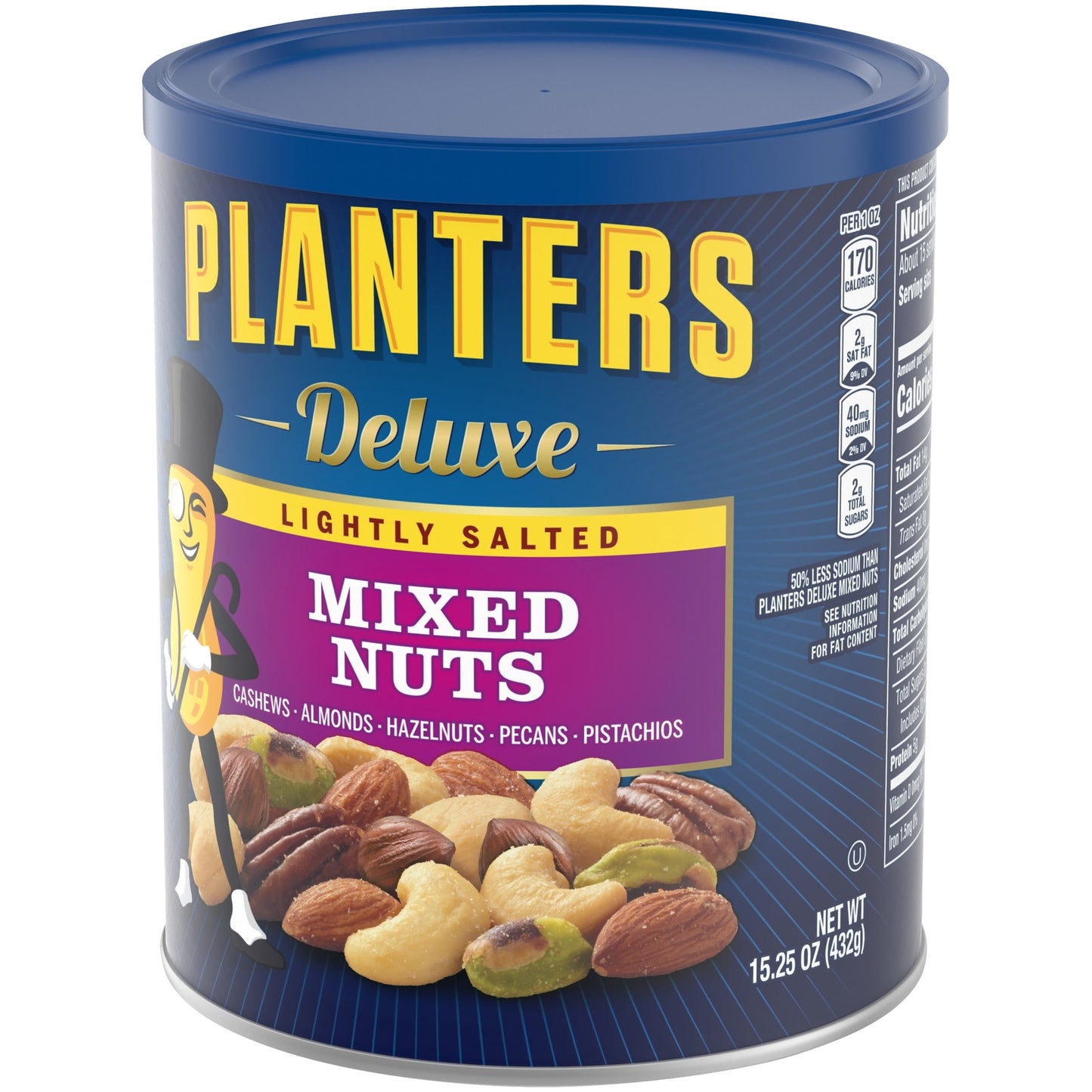 Planters Deluxe Lightly Salted Mixed Nuts with Cashews, Almonds, Hazelnuts, Pecans & Pistachios, 15.25 oz Canister