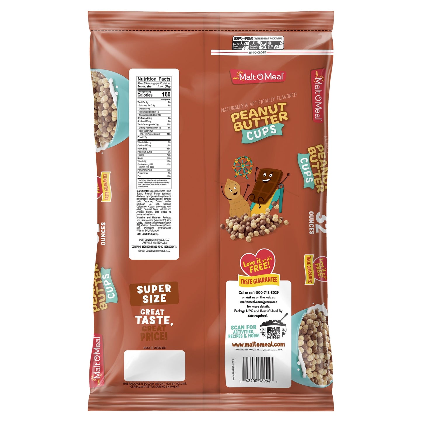 Malt-O-Meal Peanut Butter Cups Breakfast Cereal, Chocolate Peanut Butter Cereal, 32 OZ Bag