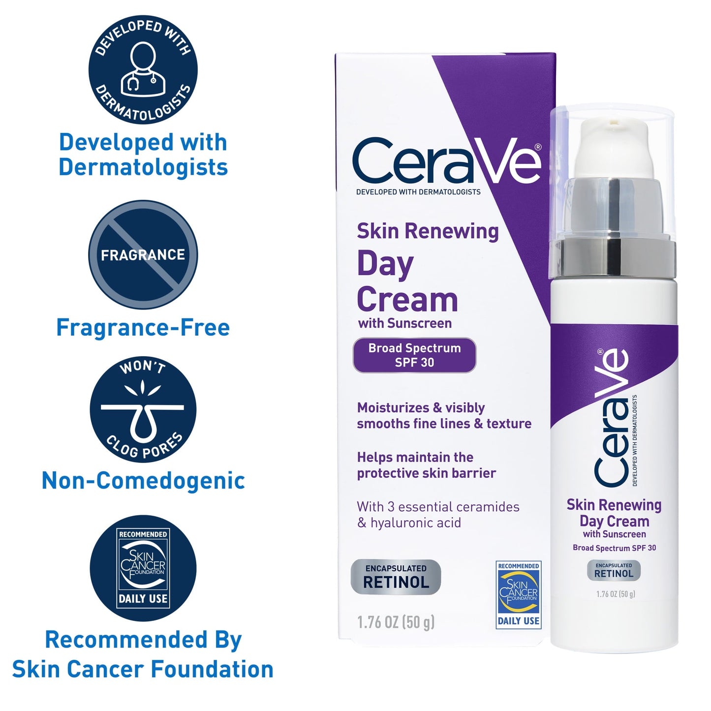 CeraVe Skin Renewing Anti-Aging Face Cream with Retinol and SPF 30 for All Skin Types, 1.7 fl oz