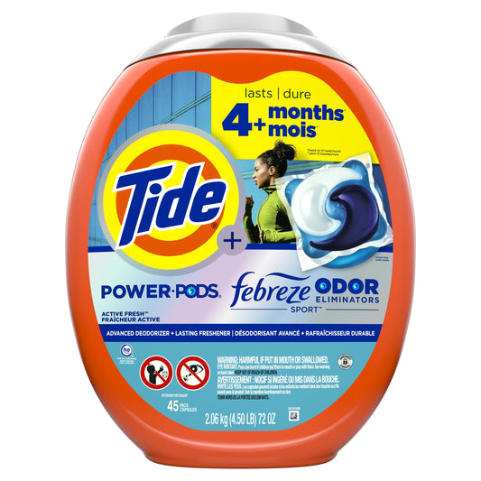 Tide Power Pods Laundry Detergent Soap Packs with Febreze, Sport Odor Defense, 45 Ct