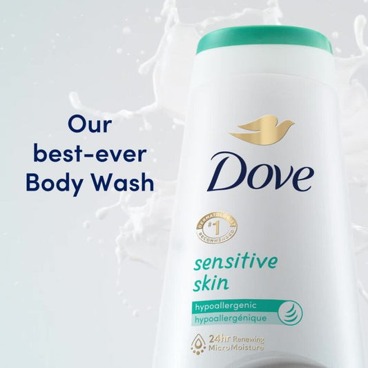 Dove Sensitive Skin Long Lasting Gentle Hypoallergenic Body Wash Twin Pack, 20 fl oz