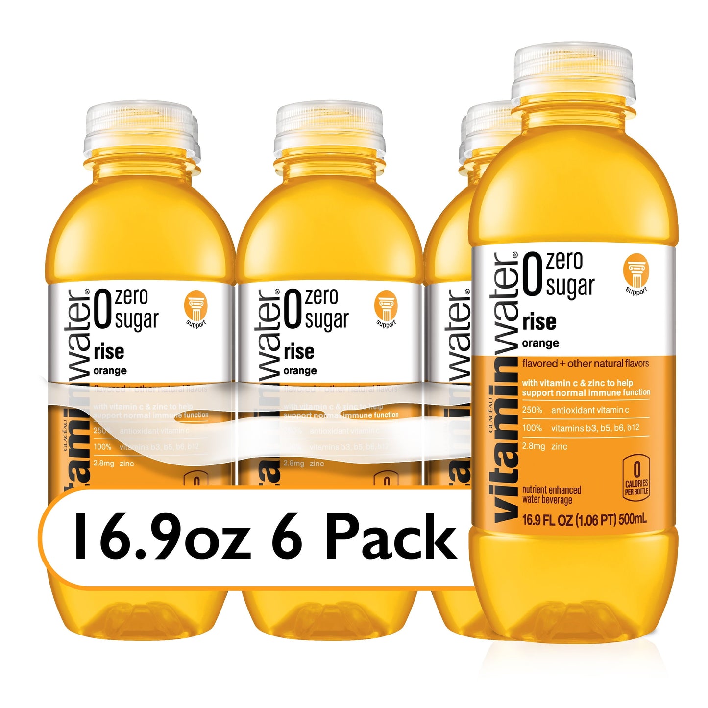 vitaminwater zero sugar rise electrolyte enhanced water, orange, 16.9 fl oz, 6 count bottles